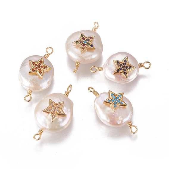 Natural Pearl Pentacle Links Connectors, with Cubic Zirconia and Brass Findings, Flat Round with Star