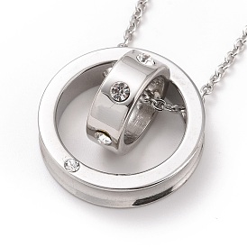 Collar con colgante de doble anillo de diamantes de imitación de cristal, 304 joyas de acero inoxidable para mujer