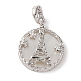 Rhodium Plated 925 Sterling Silver Pave Natural Shell Flat Round Pendants, Clear Cubic Zirconia Eiffel Tower Charms with 925 Stamp