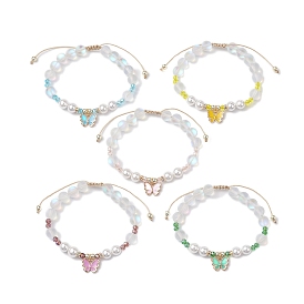 Bracelets de perles tressées en pierre de lune synthétique ronde de 1 mm et perles de coquillage, Bracelets à breloques en émail en alliage papillon réglable pour femmes