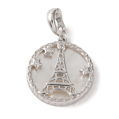 Rhodium Plated 925 Sterling Silver Pave Natural Shell Flat Round Pendants, Clear Cubic Zirconia Eiffel Tower Charms with 925 Stamp