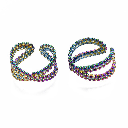 Criss Cross Cuff Rings, Beaded Hollow Wide Open Rings, Rainbow Color 304 Stainless Steel Ring for Women