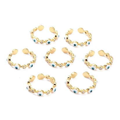Brass Micro Pave Clear Cubic Zirconia Cuff Rings, Open Rings, with Enamel, Evil Eye, Golden