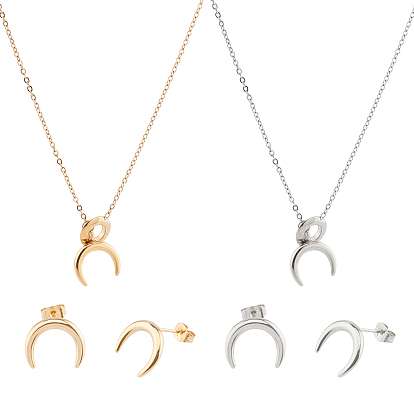 Unicraftale 304 комплекты украшений из нержавеющей стали, ожерелья и серьги-гвоздики лариат с кабельной цепочкой, с застежками-клешнями и ушными гайками, полумесяц / двойной рог