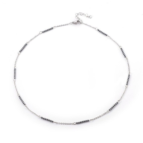 304 Stainless Steel Chain Necklaces, with Non-Magnetic Synthetic Hematite Beads and Cable Chains