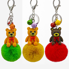 Resin Cartoon Bear Faux Fur Ball Keychain for Women's Bag Accessories