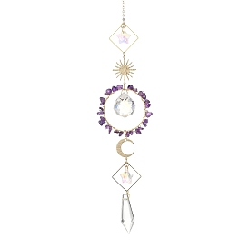 Bague soleil lune en laiton et éclats de pierre précieuse naturelle, attrape-soleil, Pendentif en cristal prisme en forme de cône et de larme, ornement suspendu pour la maison et le jardin. Décoration intérieure et extérieure.