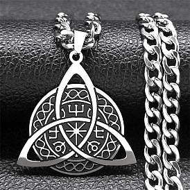 304 Stainless Steel Enamel Pendant Necklaces, Flat Round with Triquetra