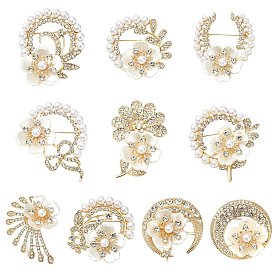 10шт. 10 стили, значки для лацканов из сплава с цветочными стразами, с имитацией жемчуга и смолы.