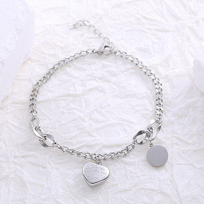 Браслеты с подвесками из нержавеющей стали в стиле хип-хоп, браслеты с цепочками для женщин, Сердце & плоские круглые