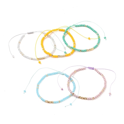 Adjustable Nylon Thread Braided Bead Bracelets, with Faceted Glass Beads and Real 18K Gold Plated Brass Beads, Rondelle