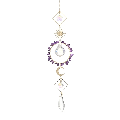 Bague soleil lune en laiton et éclats de pierre précieuse naturelle, attrape-soleil, Pendentif en cristal prisme en forme de cône et de larme, ornement suspendu pour la maison et le jardin. Décoration intérieure et extérieure.