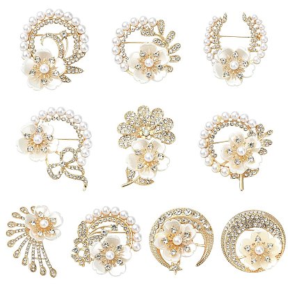 10шт. 10 стили, значки для лацканов из сплава с цветочными стразами, с имитацией жемчуга и смолы.