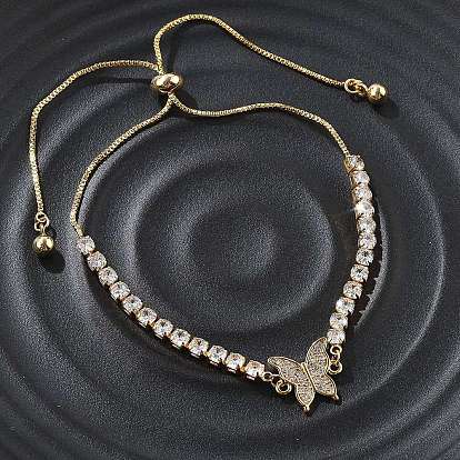 Регулируемые браслеты-слайдеры из латунных ракушек, Боло браслеты, с фианитом и цепочками, бабочка, стойки покрытие, долговечный, без кадмия и без свинца