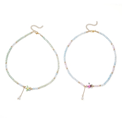 2 шт. 2 стили ожерелий из окрашенных синтетических бирюзовых морских звезд и граненых стеклянных бусин-конусов, с 304 цепочками из нержавеющей стали и круглой кисточкой из ракушечного жемчуга, золотые