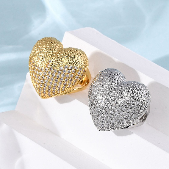 Латунные микропаве кубические цирконии регулируемые открытые манжеты кольца для женщин, без кадмия и без свинца, сердце