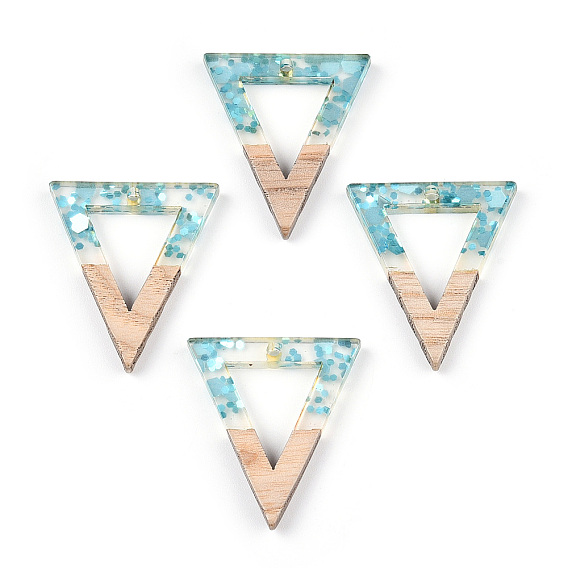 Transparent Resin & White Wood Pendants, Hollow Triangle Charms with Paillettes