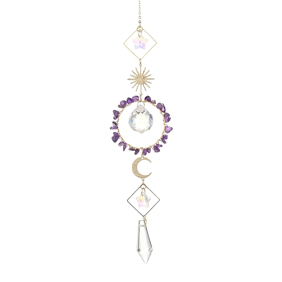 Sun Moon Ring Brass & Natural Gemstone Chip Suncatcher, Glass Cone & Teardrop Pendant Prism Crystal Window Hanging Ornament for Home Garden Decor