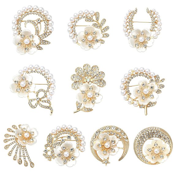 10шт. 10 стили, значки для лацканов из сплава с цветочными стразами, с имитацией жемчуга и смолы.