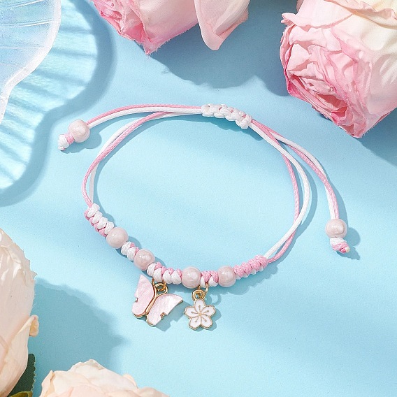 Регулируемые браслеты из нейлонового шнура с плетеными бусинами для женщин, бабочки и цветы, с фарфоровыми и эмалевыми подвесками