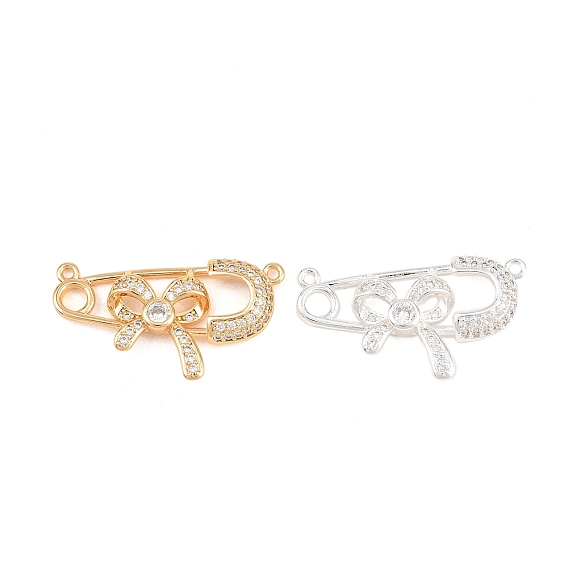 Brass Pave Clear Cubic Zirconia Pendants, Safety Pin with Bowknot Charms