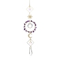 Sun Moon Ring Brass & Natural Gemstone Chip Suncatcher, Glass Cone & Teardrop Pendant Prism Crystal Window Hanging Ornament for Home Garden Decor