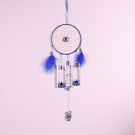 Woven Net/Web with Feather, Iron Wind Chime with Resin Evil Eye, Owl Pendant Decorations