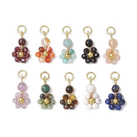 10Pcs 10 Styles Copper Wired Gemstone Pendants, with 304 Stainless Steel Open Jump Rings, Flower