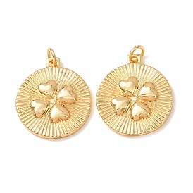 Brass Pendants, Flat Round with Clover Charms, Rack Plating, Long-Lasting Plated, Lead Free & Cadmium Free