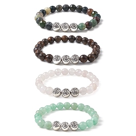 Mixed Natural Gemstone Beaded Bracelets, with Tibetan Style Alloy Rose