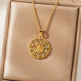 Старинные латунные паве кубические цирконии полые круглые религиозные подвески Девы Марии ожерелья для женщин, золотые