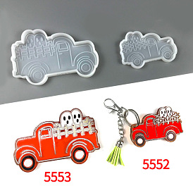 Halloween Theme Ghost Truck Pendant/Coaster Silicone Molds, Resin Casting Molds, For UV Resin, Epoxy Resin Craft Making