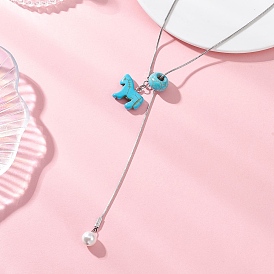 Ожерелье из окрашенной синтетической бирюзы в виде лошади с подвесками из жемчужных бусин., 304 ожерелья-лариаты из нержавеющей стали с цепями-змеями, цвет нержавеющей стали