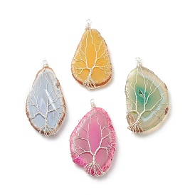 Natural Agate Slices Big Pendants, with Copper Wire Wrapped, Mix-shaped, Dyed, Mixed Color