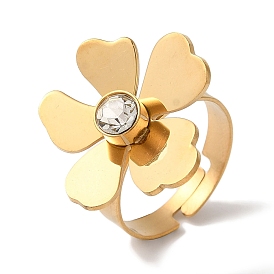 Flower Golden Ion Plating(IP) 304 Stainless Steel Rhinestone Adjustable Rings for Women