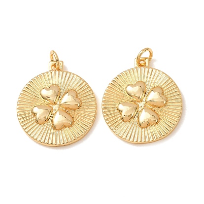 Brass Pendants, Flat Round with Clover Charms, Rack Plating, Long-Lasting Plated, Lead Free & Cadmium Free