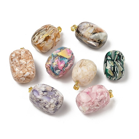 Подвески из прозрачной эпоксидной смолы, с кусочками ракушек и фурнитурой из золотой латуни, прямоугольные