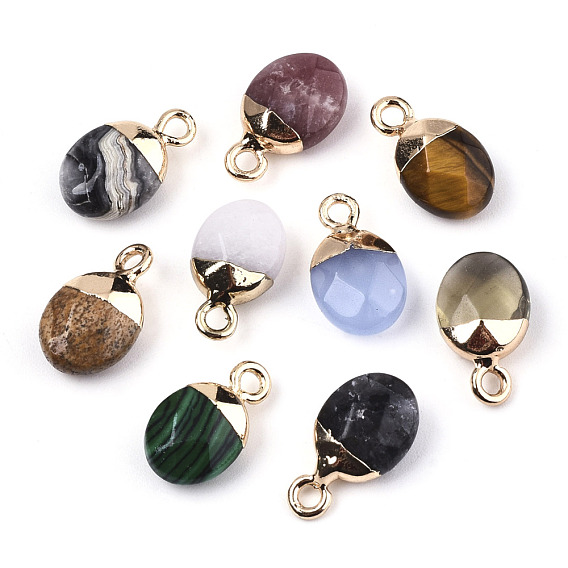 Gemstone Charms, Top Light Gold Plated, with Iron Loop, Oval, Faceted