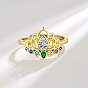 Colorful Rhinestone Lotus Flower Adjustable Rings, Brass Finger Ring