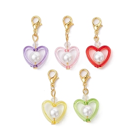 Heart Acrylic & Glass Pearl Pendant Decorations, with Alloy Lobster Claw Clasps