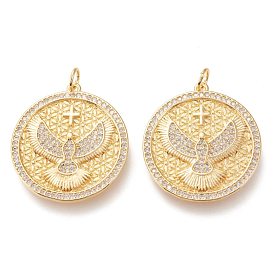 Brass Micro Pave Clear Cubic Zirconia Pendants, with Jump Rings, Long-Lasting Plated, Flat Round with Bird & Cross, Clear