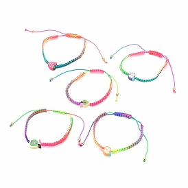 Adjustable Nylon Cord Braided Bead Bracelets, with Fruit Polymer Clay Beads and Brass Round Beads