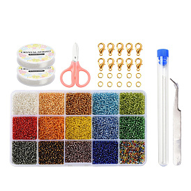 DIY-Schmuck machen Kits, 12000Stk 15 Farben 12/0 silber ausgekleidet Rundloch-Glasperlen, elastischer Stretchfaden, Legierung Spangen, Eisenringe, Schere, Perlennadeln, Reagenzglas und Pinzette