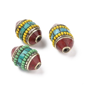 Perles de style à la main tibétains, avec des résultats en laiton et turquoise synthétique, ovale, argent antique
