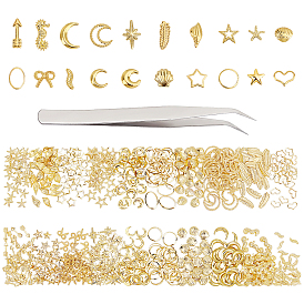 ARRICRAFT 600Pcs 20 Styles Alloy & Brass Cabochons, Nail Art Decoration Accessories for Women, with 1Pc 304 Stainless Steel Beading Tweezers