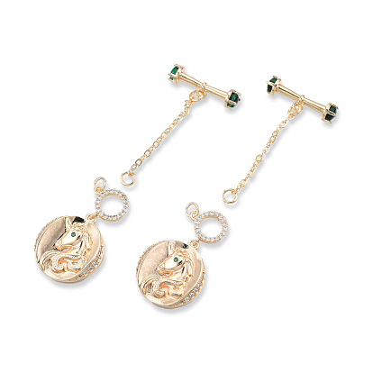Brass Clear & Green Cubic Zirconia Toggle Clasps, Cadmium Free & Nickel Free & Lead Free, Flat Round with Unicorn