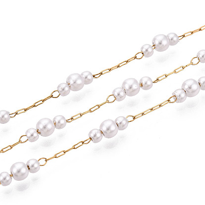 304 кабельные цепи из нержавеющей стали, с круглым прессом с имитацией жемчуга, реальный 18 k позолоченный, пайки, с катушкой