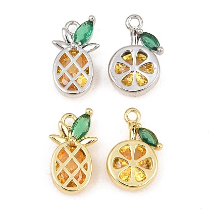 Colgantes de circonitas cúbicas de colores con pavé de latón, Encantos de piña y limón, chapado en rack, larga duración plateado, sin plomo y el cadmio