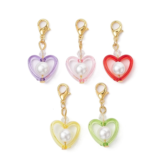 Décorations pendentifs coeur en acrylique et perles de verre, avec alliage homard fermoirs pince