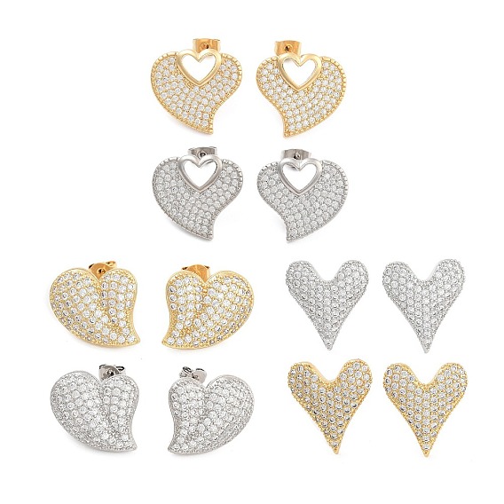 Brass Micro Pave Clear Cubic Zirconia Stud Earrings, Pave Cluster Earring, Heart